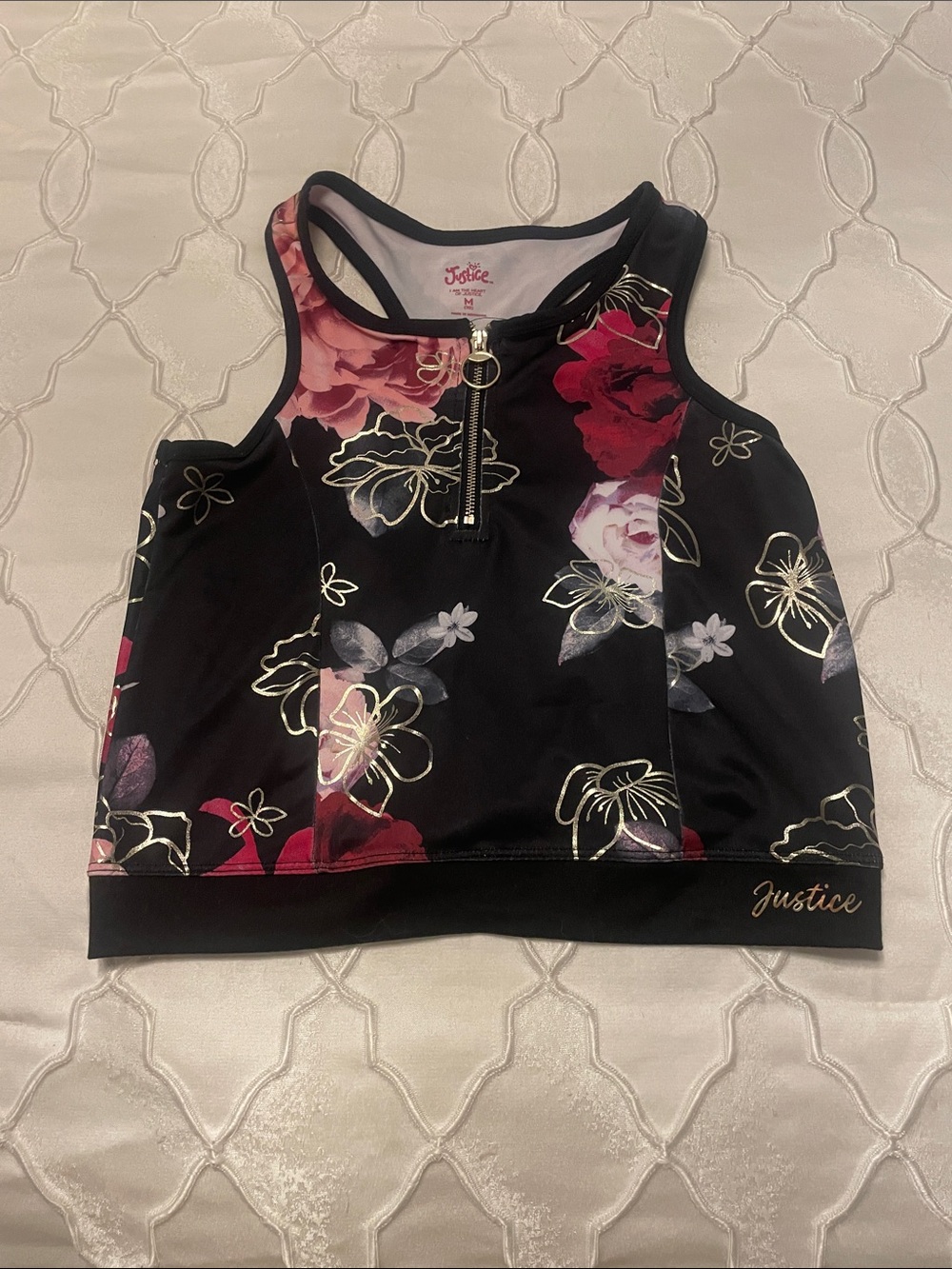 Justice Black Floral Zip Crop Tank with metalic Accents